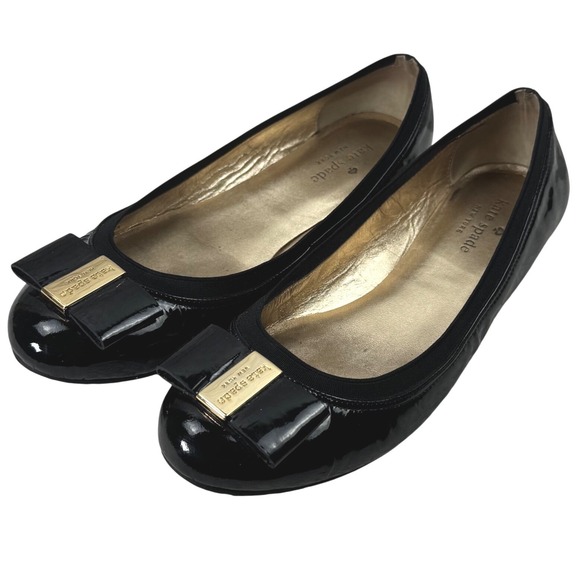 Kate Spade New York Shoes - Kate Spade Ballet Flats Womens 8.5M Black Patent Leather Bow Gold Logo Designer